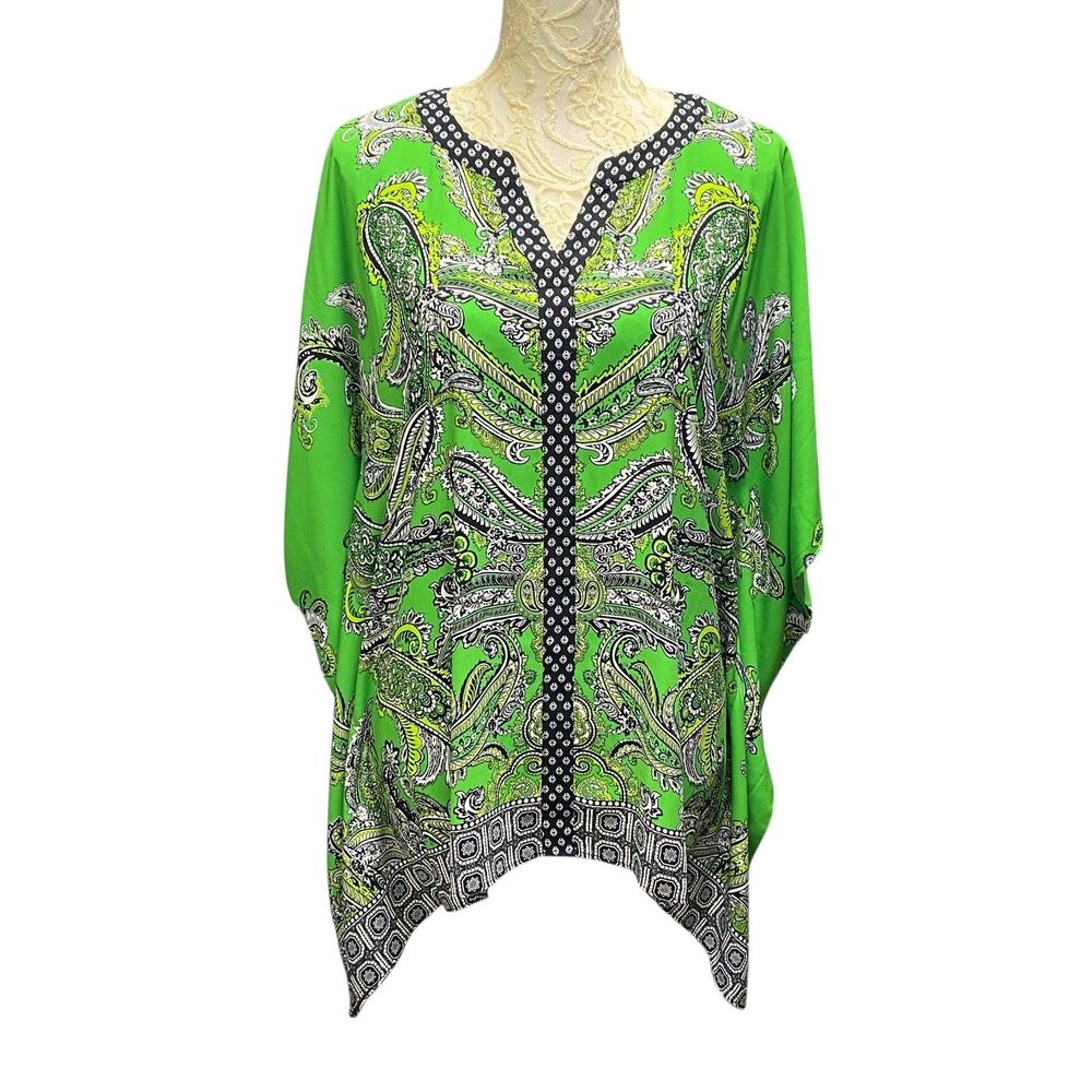 Susan Graver Liquid Knit Tunic Womens M Lime Green Paisley Kaftan Top - Picture 1 of 8